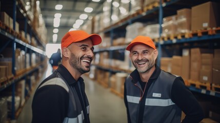Portrait diverse warehouse workers. Professional engineer in safety hardhat. Logistics employees working with warehouse management in a large distribution centre. In the background stock of parcels.