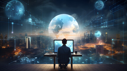 Social network connection, internet technology, digital software development, cloud computing concept. Software engineer working on laptop computer, virtual futuristic innovation netwo. generative ai.