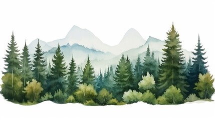 Nature forest lawn scene Watercolor illustration Hand drawn mountains, trees, bush, glade with grass Wild landscape element  nature with mountains, trees, and grass White background. - obrazy, fototapety, plakaty