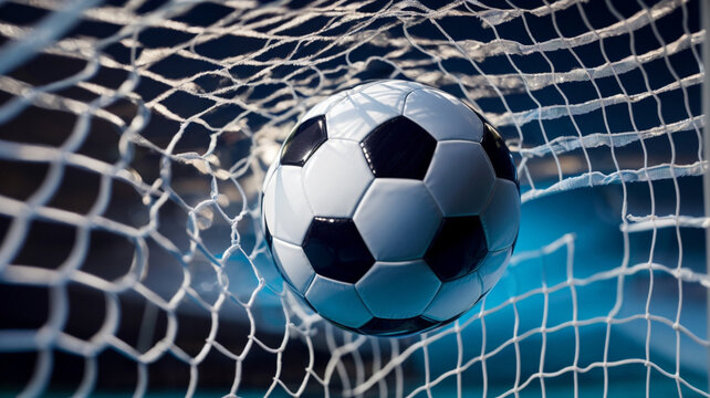 The soccer ball gracefully soared into the goal, causing the net to bend, amid flashes of light against a vibrant blue background, capturing a triumphant moment. This 3D illustration encapsulates the 