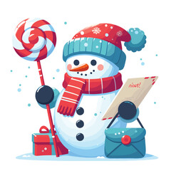 Snowman postman with letter in hand. Winter Character with lollipop cane vector illustrations on white background