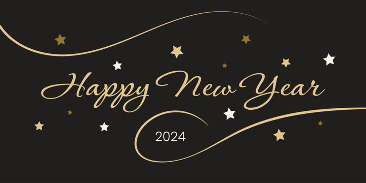 Happy New Year 2024 with Golden lettering and stars, New Year Banner