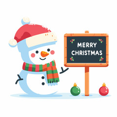 Cheerful hand-drawn flat Snowman with Merry Christmas written on board vector illustrations on white background
