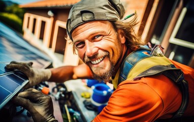 Smiling construction worker installs solar panels on the roof of a house