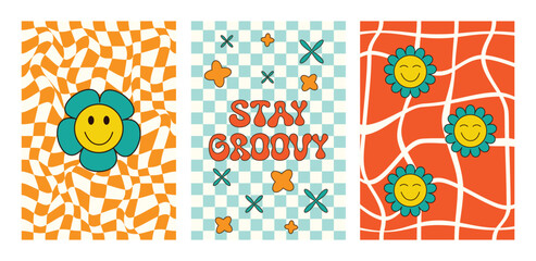 Collection of bright groovy posters 70s. Retro wavy backgrounds with a vintage colors. Funny flowers.	Retro poster. Botanical elements, vintage print. Colorful retro background.
