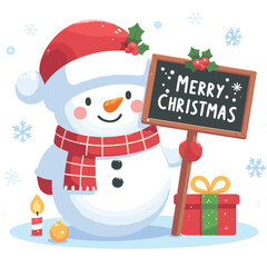 Cheerful hand-drawn flat Snowman with Merry Christmas written on board vector illustrations on white background