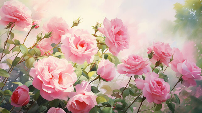 Watercolor painting of roses in a summer garden