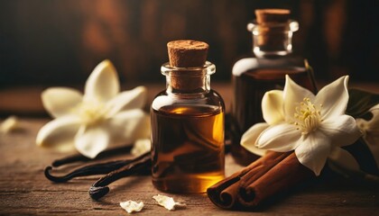 essential oils with jasmine, cinnamon and vanilla on rustic wooden table, retro style. Spa and...