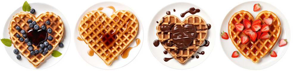 Collection of heart shaped waffles with different toppings (blueberry, maple syrup, chocolate sauce, strawberry), isolated on white background, food bundle - Powered by Adobe