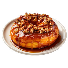Top View of a Pecan Sticky Bun on a Plate Isolated on Transparent or White Background, PNG