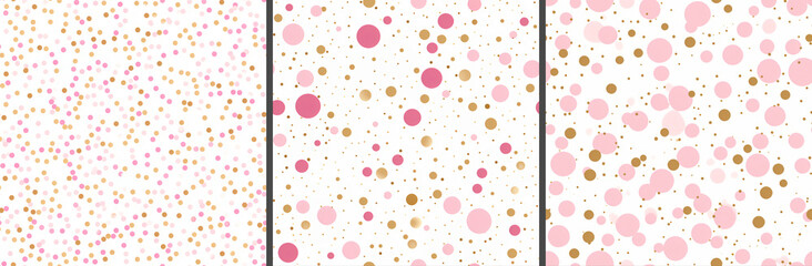 Set of Abstract Seamless Polka dots patterns in pink, gold and white colors. For Valentine's Day, Mother's Day, Birthday gift, design, printing, packaging paper, brochure, wallpaper - obrazy, fototapety, plakaty