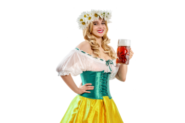 Midsummer woman waitress serving big beer mugs on isolated background during beer party. Blonde girl with wreath daisies flowers in her hair celebrating traditional beer festival in summer or spring.