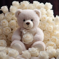 A white teddy bear surrounded by white roses, creating a harmonious composition of purity and love