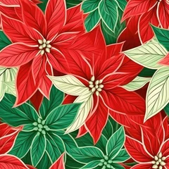 Fototapete Rund Poinsettia flowers Christmas seamless pattern. Floral branches and berries, mistletoe, Christmas florals repeating tile background for wrapping paper, fabric, textile, print, wallpaper.. © Oksana Smyshliaeva