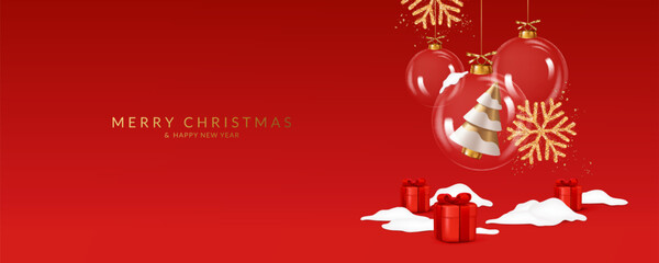 Christmas and New Year greeting card with transparent balls, tree, snowflakes, gifts and confetti. © Aliona Manakova