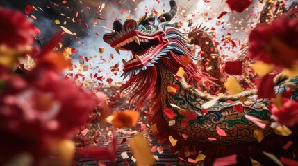 Chinese Dragon in colorful confetti background. CNY year of the dragon. Happy Chinese New Year concept. Festive illustration for wallpaper, banner, greeting card, web, poster, print. - obrazy, fototapety, plakaty