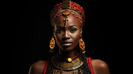 Foto auf Leinwand African woman wearing traditional national clothing and head wrapper. Black History Month concept. Black beautiful lady close-up portrait dressed in colourful cloth and jewellery. . © Oksana Smyshliaeva
