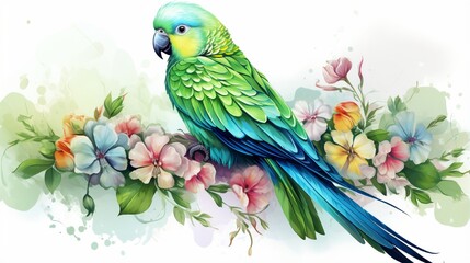Fototapeta premium Parakeet, Bright Green Budgerigar, Parrot, Green Pet floral Parakeet, tropical flowers, Watercolor vector illustration, watercolor vintage..