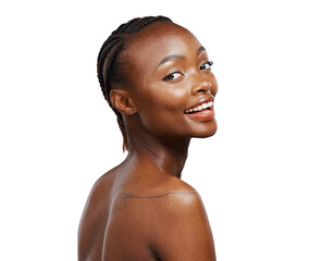 Black woman, beauty and portrait with back, skincare and isolated with glow by transparent png...
