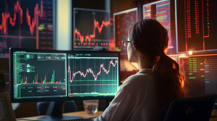  Young woman working at modern office.Technical price graph and indicator, red and green candlestick chart and stock trading computer screen background. Double exposure. Trader analyzi. generative ai.