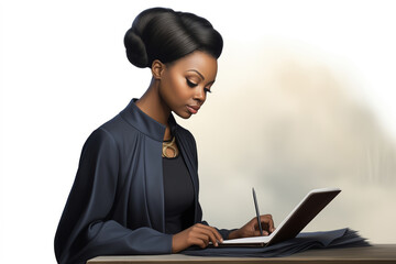 African-American woman working with the laptop at the desk in home office. Discreet business style, very modest and strict attire. Made with Generative AI - obrazy, fototapety, plakaty