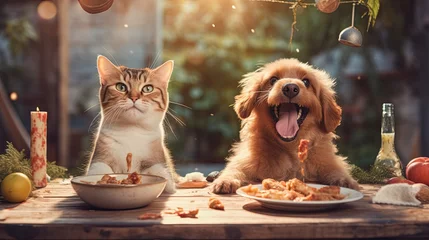 Rolgordijnen Harmony of Play: A heartwarming moment as a dog and cat eating © kittikunfoto