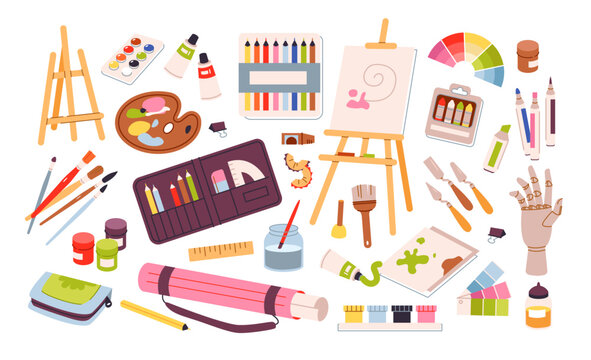 Art supplies for drawing set. Painting tools and art class studio supplies. Painters equipment, drawing stationery. Flat vector illustration
