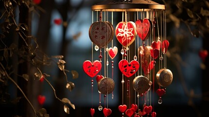 Love-themed wind chimes tinkling in the breeze against a dark backdrop, adorned with symbols of love, add a musical and whimsical touch to Valentine's Day.