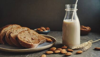  Organic almond milk in glass bottle near ceramic plate with fresh rye bread