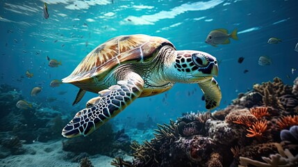 A lifelike snapshot of a sea turtle navigating through a polluted dirty plastic seascape