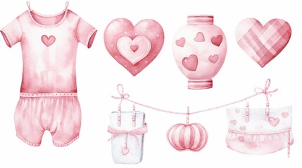 Baby textile hearts stuff watercolor set isolated