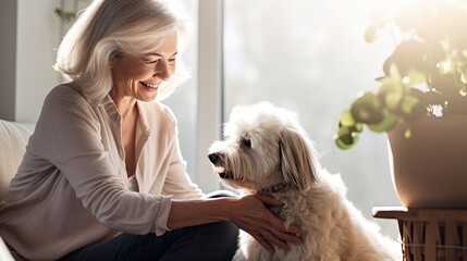 a older woman petting her dog during an animal assisted learning program - obrazy, fototapety, plakaty