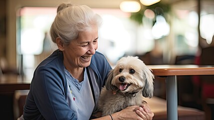 a older woman petting her dog during an animal assisted learning program - obrazy, fototapety, plakaty