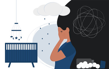 Woman with postpartum depression. Young mother covered her face and cried. Mental health. Womens psychology. Emotional burnout.