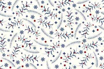 Seamless Christmas pattern with fir tree branches. berries and snow. in vector suitable for background design, greeting cards, greetings, wallpaper, print, wrapping paper, etc.