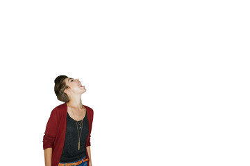 Isolated woman, shouting and announcement with voice, news or information by transparent png...