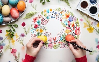 Obraz na płótnie Canvas Hands painting a floral pattern picture with a brush. Easter decorative eggs on white table, creative clutter. Happy Easter poster. Cosy artist. Flat lay, over the shoulder, top view. AI Generative