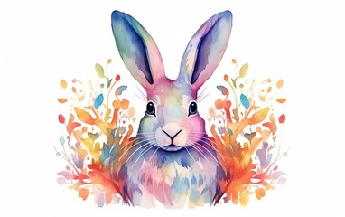Happy Easter poster. Big colorful rabbit isolated on white background. Watercolor style illustration, splashes, pastel colors. Spring design for posters, greeting cards, invitations. AI Generative.