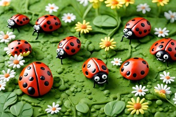 Clay art: ladybugs are made with clay on grass and with some flowers 