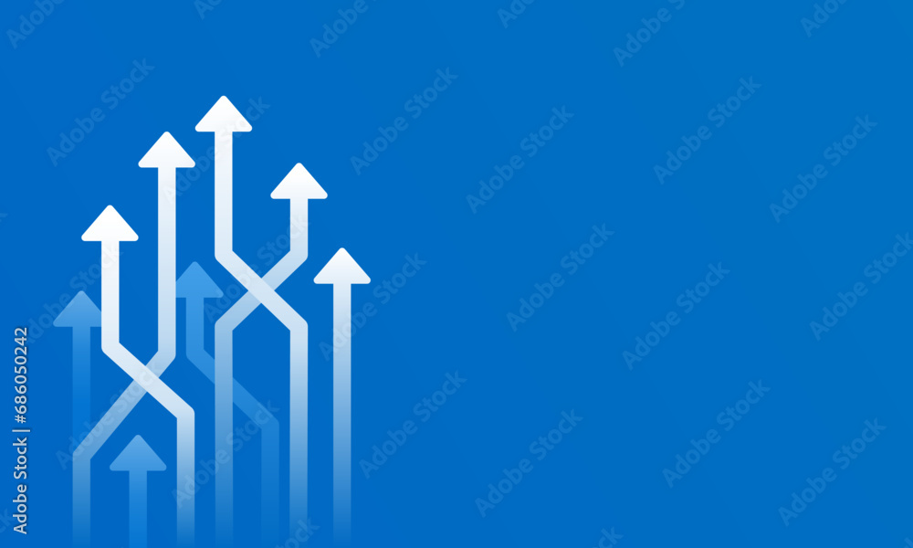 Sticker business presentation with the white arrows pointing up on a blue background pattern. vector illustr