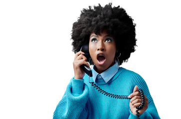 Isolated African woman telephone with shock, wow and thinking for news by transparent png...