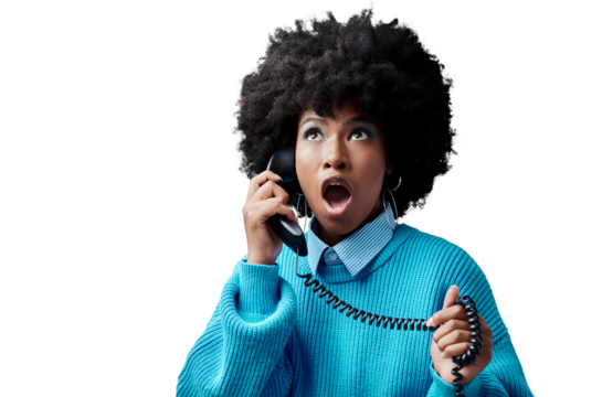 Isolated African woman telephone with shock, wow and thinking for news by transparent png background. Girl, phone call and vintage style with listening, deal or sale with promotion on retro network