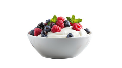 Bowl of greek yogurt and fresh berries. Isolated on Transparent background. - obrazy, fototapety, plakaty