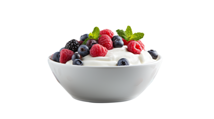 Bowl of greek yogurt and fresh berries. Isolated on Transparent background.
