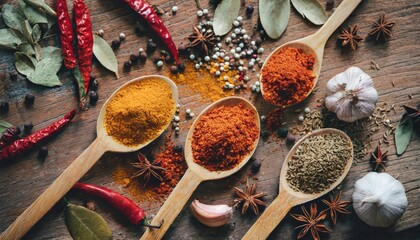 Top view on mixed dry colorful spices in wooden spoons on rustic table