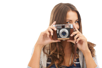 Woman, portrait and camera for adventure travel or trip photography, environment or isolated transparent png background. Female person, face and digital device explore, tour destination on vacation