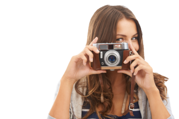 Woman, portrait and camera for adventure travel or trip photography, environment or isolated transparent png background. Female person, face and digital device explore, tour destination on vacation