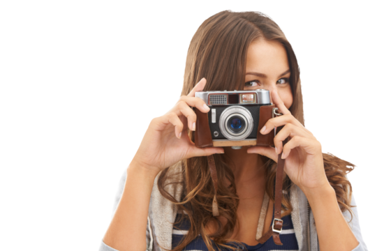 Woman, portrait and camera for adventure travel or trip photography, environment or isolated transparent png background. Female person, face and digital device explore, tour destination on vacation