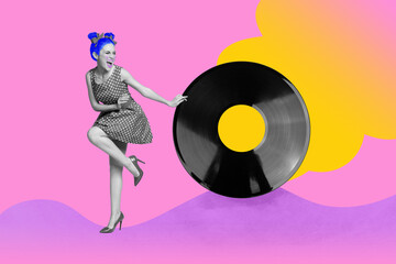 Composite collage portrait of overjoyed black white effect girl dancing big vinyl record isolated on drawing pink background