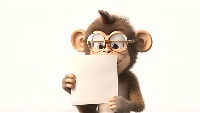 Cute happy cartoon monkey holding a blank sign. Created with Generative AI.	
